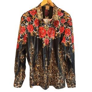 Vassari Rose & Animal Print Long Sleeve Button Down Shirt - size XL
